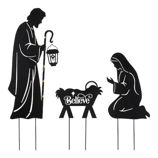 Glitzhome® Set of 3 Christmas Metal Silhouette Holy Family Yard Stake with Timer